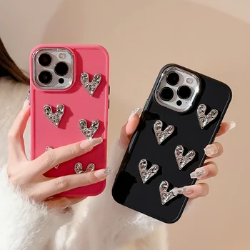 O coreano Bonito 3D Coração de Amor Doces Telefone de Caso Para o iPhone 11 12 13 14 Pro Max XR XS X 7 8 Plus Chapeamento de Lente Protetora Capa Mole