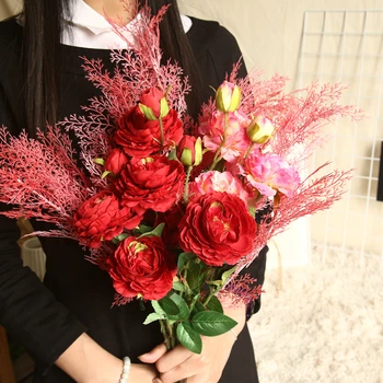Artificial floral 3-cabeça com fio rosa ramos de flores para a decoração da casa e a decoração do casamento