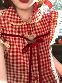 Vermelho Xadrez Lolita Kawaii Blusa As Mulheres Voando De Manga Doce Japonês Elegantes Camisas Femininas De Renda Coreano Roupas Casuais De Verão 2023