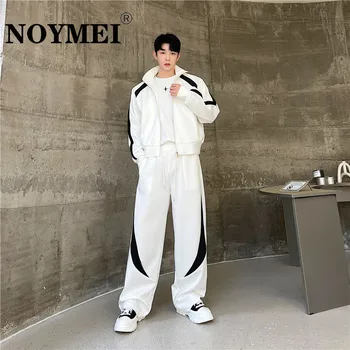 NOYMEI Personalidade Contraste de Cores Design coreano Casual Solta Homens em Duas Peças de Conjunto Zíper do Casaco Reta Calças de Outono Ternos WA2937