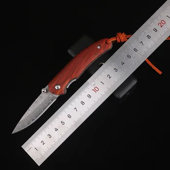 Damasco dobrável de aço faca ao ar livre da faca de sândalo Vermelho lidar com faca dobrável portátil faca dobrável