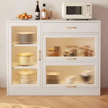Moderno e minimalista chão da sala de armazenamento armário de porta de vidro, cozinha integrada de gabinete para o pote placa prato bar ou aparador