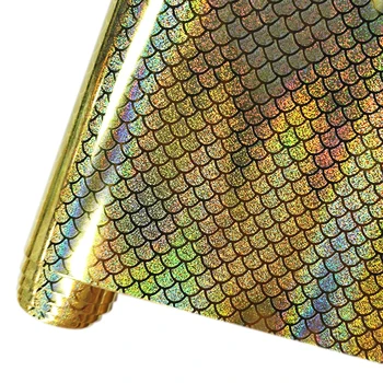 Escala de peixes / sereia imprimir PU holográfico espelho de metal em forma de leque laser em imitação de couro, sapatos de tecido / sacos de DIY com pano