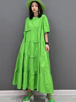 URIOR 2023 Verão Nova Moda Elegante de Cor Sólida T-shirt Dress Solta Painel Preto e Verde Vestido Longo