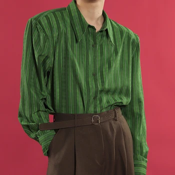 2023 Casual Textura Listradas De Verde E Camisas Para Homens De Manga Longa Streetwear Vintage Virada Para Baixo De Gola Botão Para Baixo De Luxo, Roupas De Festa
