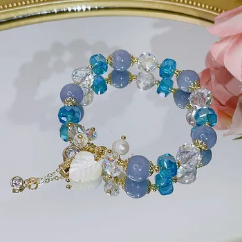 Estilo coreano fresco Morganite de cristal da pulseira, para as mulheres jóia de menina acessórios de vestuário folha de amizade, presente, presente para a menina