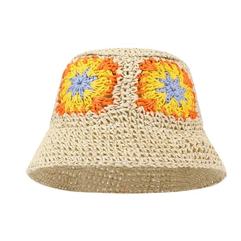 o verão ao ar livre de papel, chapéu de palha das mulheres da praia do sol aba larga de tecido de flores balde strae chapéu