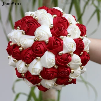 JaneVini Elegante Estilo Europeu Borgonha Marfim Brooch Bouquet De Noiva De Flores Artificiais De Cetim Rosas Personalizar Pérola Buquê De Noiva