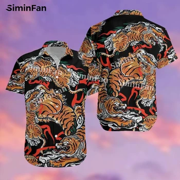 Tigre Japonês Mens Havaiana Aloha Camisas 3D por Todo Impresso Masculino Havaí Praia Camiseta Feminina Verão Lapela Tee Unisex Superior-2