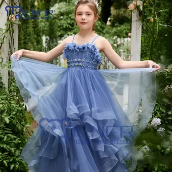 2023 Azul Vestidos da Menina de Flor para Casamentos Exquisite A-LINHA sem Mangas Sweetheart Assoalho-Comprimento Vestido de Princesa para Meninas 1-13