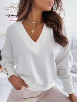 Mulheres Pulôver Cor Pura Punho Botão Knitwears Elegante V-pescoço Longo da Luva Solta Tops de Moda de Blusas de 2023 Roupas de Inverno
