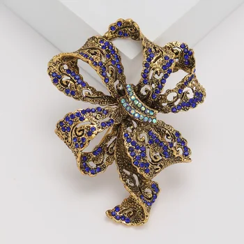 Vintage Elegante Azul Cristal Vermelho Bowknot Broches Para As Mulheres De Luxo De Ouro, Cor De Prata Bonito Broche Vintage Alfinetes De Segurança