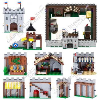 Castelo Medieval Militar Arquiteturas de Blocos de Construção do campo de tiro de Peixes Loja de Ferreiro Lojas MOC Montagem de Tijolos de Brinquedos Para as Crianças
