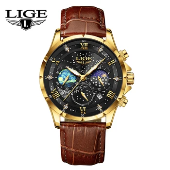 LIGE Luxo floco de Neve Design de Marcação dos Homens de Quartzo Relógios de Luxo Negócio de Ouro Tiras de Couro Cronógrafo 3C Nigth Lume relógios Para Homens