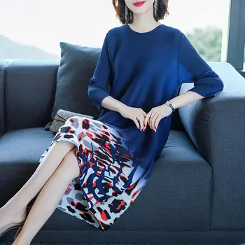 Primavera/Verão Plissado Mulheres 2023 Nova estampa de Leopardo Solta Meados de comprimento de Uma linha-Vestido de outono roupas de senhoras coreia