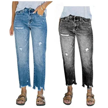 Mulheres Jeans Stretch Altura Da Cintura Rasgado Mendigo Calças Jeans Moda Streetwear Furos De Lápis, Calças