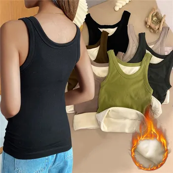Roupa térmica de Veludo, Colete de Inverno de Mulheres Sólido Simples, com Almofada no Peito Camisole Slim Quente Funda Colete Feminino de roupa interior Térmica
