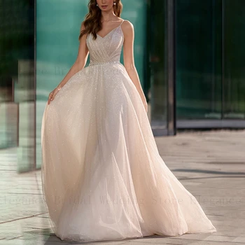 Blingling Champanhe Sequin Vestido de Noiva de Tule para as Mulheres Andar de Comprimento com Alças finas, Vestidos de Casamento com Decote em V vestido noiva