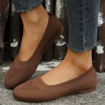 Mulheres de Fundo Plano Sapatos 2023 Verão Nova Malha Confortável Respirável Rodada ToeShallow Boca Casual Um Passo Único Sapato