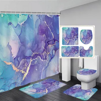 Blue Marble Chuveiro Cortina e Tapete Para casa de Banho Conjunto Abstrato Pintado Moderna Decoração do Banheiro, Tapete antiderrapante, Tapete de casa de Banho de Assento Sanitário