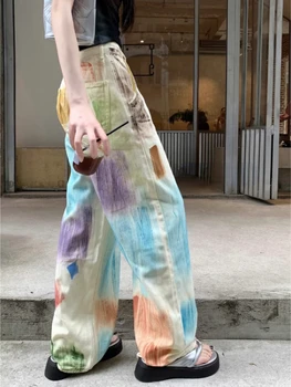 Streetwear Harajuku Y2k Calça Jeans Feminina Verão As Mulheres-Íris De Cintura Alta Largura De Perna Calças Coreano Moderno Doce Reta Calças