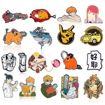 Motosserra Homem Anime Poder Denji Esmalte Pins, Emblemas Mulheres Broches para Roupas Alfinetes de Lapela para Mochila Decorativa da Jóia