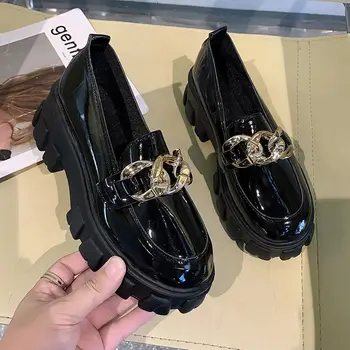 Novas Mulheres Sapatos De Estilo Britânico Mary Jane Lolita Sapatos De Corrente De Metal Plataforma Único De Couro Sapatos De Senhoras Da Moda Do Calçado