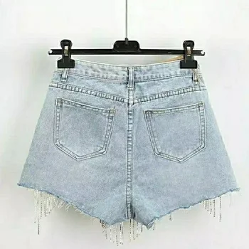Shorts ocasionais, Verão Ripped Jeans Curto Femme Cintura Alta Diamante de Borla Y2k Casual Fundos Para Senhoras Shorts Jeans Mulheres C2023