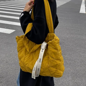 Nova Moda Grande Tote Bag Acolchoado Bolsas Outono Acolchoado Mulheres Sacos De Ombro De Luxo Para Baixo A Linha De Algodão Trajeto Saco De Inverno Saco