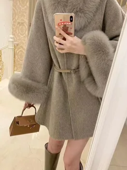 Moda inverno Mulher de Dupla Face real de Lã de Cashmere poncho com a coats para Mulheres