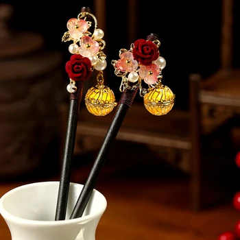 Floral Gancho Lanterna Luminosa Chinês Varas Do Cabelo Para Hanfu Festa De Sândalo Pérola Coque Garfos Vintage Cabelo Fecho Da Jóia