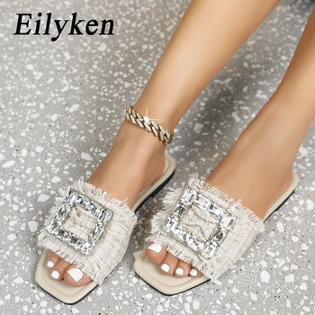 Eilyken Design De Moda Cristal Fivela De Dedo Do Pé Quadrado Mulheres Chinelos De Quarto Elegante Com Televisão Saltos De Praia Casual Senhora Slides Sapatos