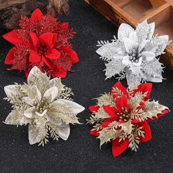 Mama Flor Acessórios de Vestuário Brilho Artificial de Natal Flores de Natal Enfeites de Árvore de Natal Decorações para o Lar