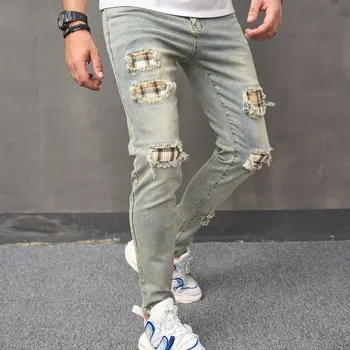 Homens Novos Rasgado Patch Hip hop Impresso Jeans Calças Elegantes High Street Masculino Casual Slim Lápis de Jeans, Calças