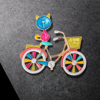 Moda Feminina Vintage Gato De Bicicleta Broches Para As Mulheres De Luxo Em Ouro Amarelo Cor De Liga De Esmalte Bonito Broche De Pinos De Segurança