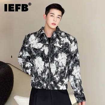 IEFB Outono Curto Homens na Moda Jaqueta coreano Moda Lapela Tops da Cor do Contraste de Impressão Masculino Casaco de Zíper de Luxo Outwear 9A5682