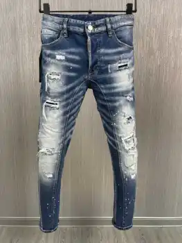 2023 Novos Homens de Azul de Zero Borla Buraco Splicing Riscado Moda Lápis Calças Jeans A610#