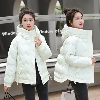 Casaco De Inverno 2023 Nova Coreano Mulheres Parka Com Capuz De Grosso Quente Fêmea De Pêlo Curto Casual Outwear Brilhante Para Baixo Casaco De Algodão Parkas