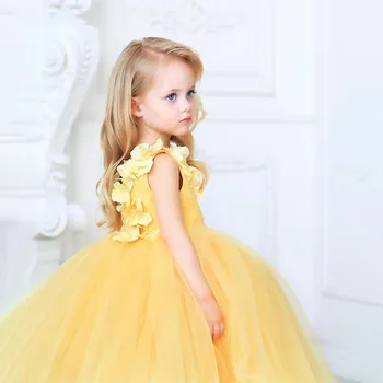 Princesa Amarelo Puffy Flor Menina Vestido Para O Casamento De Crianças Festa De Aniversário Brilhante Applique Concurso De Primeira Comunhão, Vestido De Vestidos De Baile
