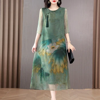 2023 verão novo high-end vestido de seda feminina internacional de grandes marcas vintage impressão idade de redução de seda, seda saia