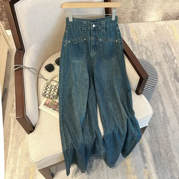 Cintura alta Chic Design de Bolso Mulheres Ampla Perna Fina Jeans Verão Novo Estilo de Rua de Jovens Meninas Uma Linha de Calças Jeans Azul