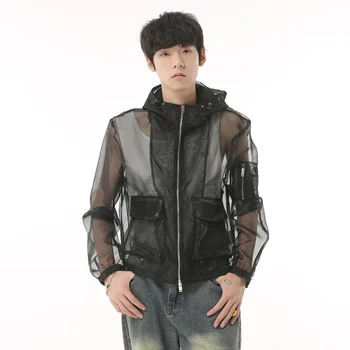 SYUHGFA Roupas masculinas da Moda 2023 Verão Fino Transparente Jaquetas Estilo coreano Solta Personalidade Protetor solar com Capuz Outerwear
