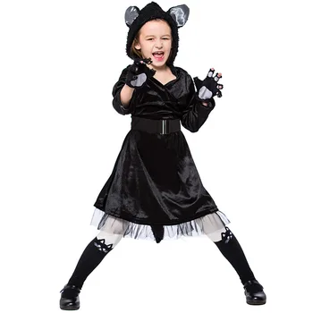 Crianças Meninas Crianças Gato Preto Vestido De Halloween Trajes Cosplay Do Jardim De Infância De Desempenho De Função De Jogar Roupa