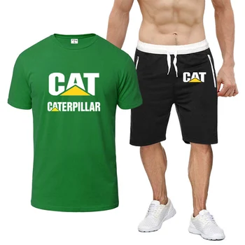 2023 Verão GATO Caterpillar Logotipo Impresso Casual, Esporte de Manga Curta Definido de Moda masculina de Algodão em torno do Pescoço T Tops+Calça do Terno