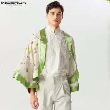 Estilo chinês Novo Bonito dos Homens com estampa Floral Shirts da Moda Irregular Bainha Fluindo Cardigan Blusa S-5XL INCERUN Tops 2023