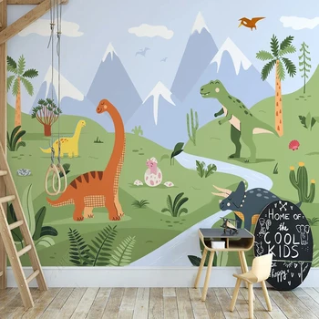 Personalizado Mural de Parede Nórdicos pintados à Mão Vale Cartoon Pequeno Dinossauro Verde Floresta de Quarto de Crianças de Fundo da Decoração da Parede