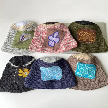 2023 Nova Ins Vintage Mão-tecidos de Patchwork Quente Beanies Mulheres de Outono Inverno coreano de Correspondência de Cores Y2k Flores de Malha Chapéu de Balde