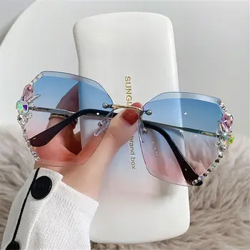 2023 Moda da Marca de Luxo de Design Vintage sem aro Strass Óculos de sol das Mulheres os Homens Retro Corte Lente Gradiente de Óculos de Sol UV400
