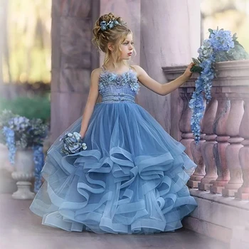 Azul Vestidos da Menina de Flor para Casamentos Tule, Babados Princesa Crianças a Primeira Comunhão, Festa de Noite Concurso de Baile, Vestidos de baile de Aniversário