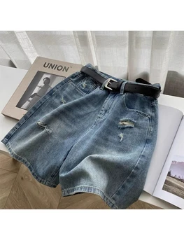 Mulheres Arrancou Shorts Jeans de Cintura Alta Ampla Shorts Vintage Harajuku Y2k coreano Streetwear Comprimento do Joelho Jeans Curto Calças de Verão